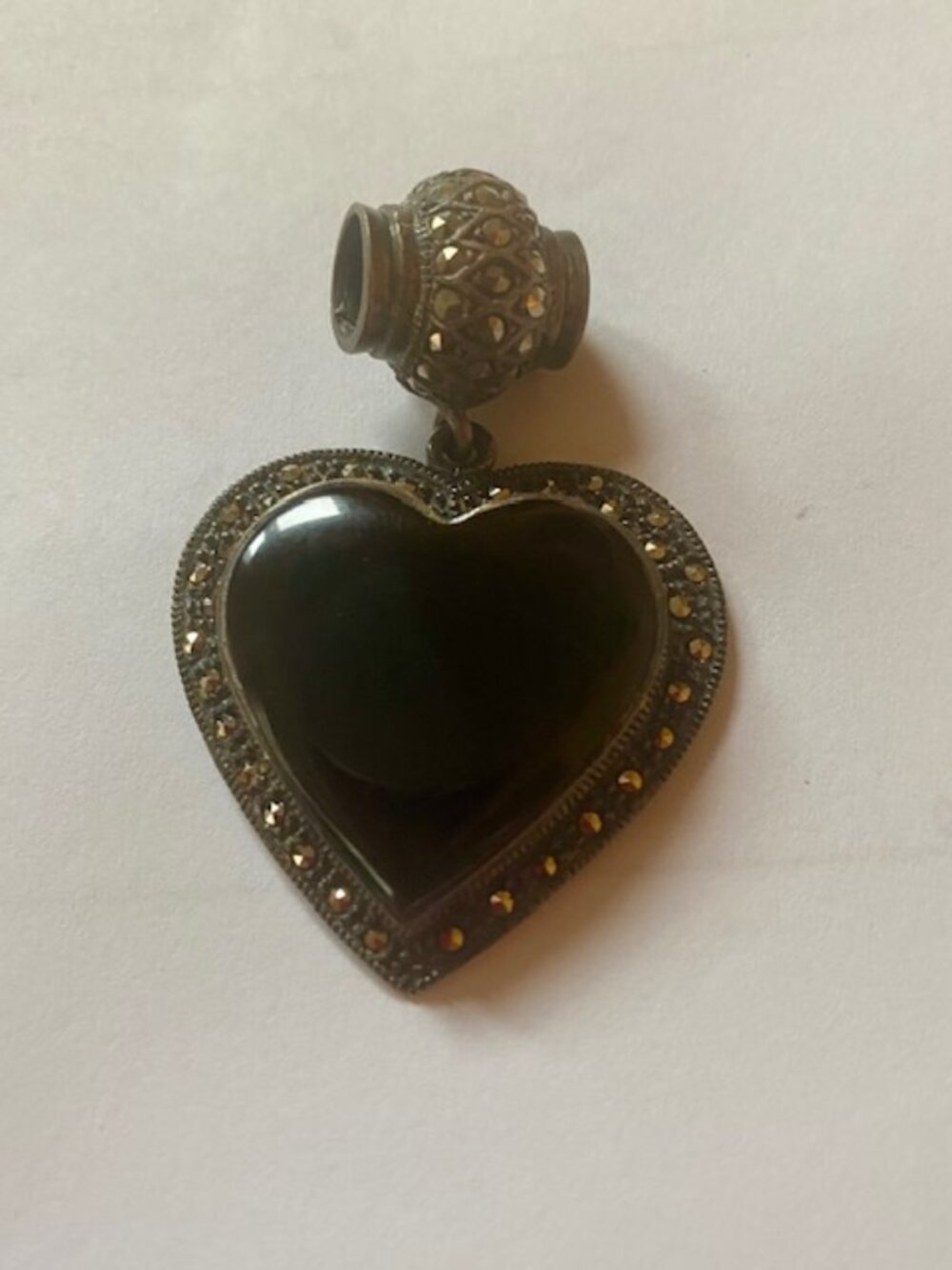 Vintage Sterling Silver 925 Onyx Heart & Marcasite  Pendant